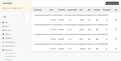 Processes menu: list