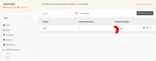 Administration interface: list of SSH use