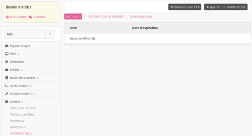 Menu Certificats SSL