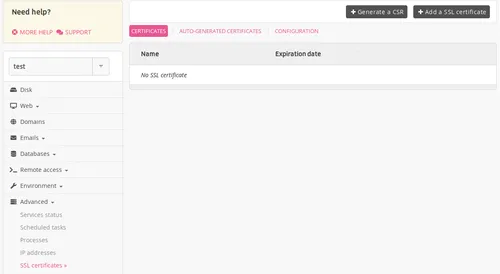 SSL certificates menu