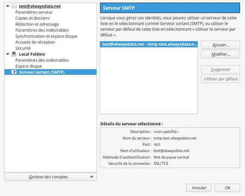 Thunderbird : paramètres serveurs sortant