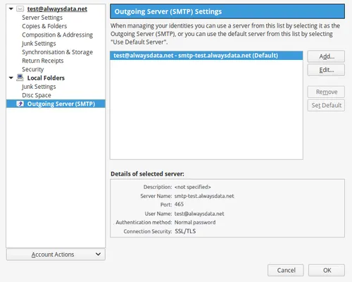 Thunderbird: outgoing server settings